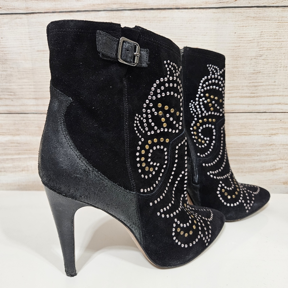 Aldo Jodetha Black Suede Ankle Bootie Heeled Boots 8.5 Silver Blonze Studs - Picture 7 of 12